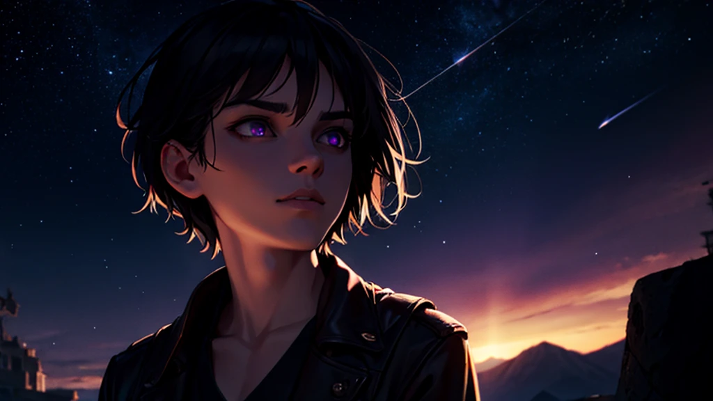 a gothic man with black hair, purple eyes looking up at the starry sky, the stars reflected in his eyes, dark and mysterious, cinematic, dramatic lighting, moody atmosphere, hyper-detailed, 8K, high quality, photorealistic