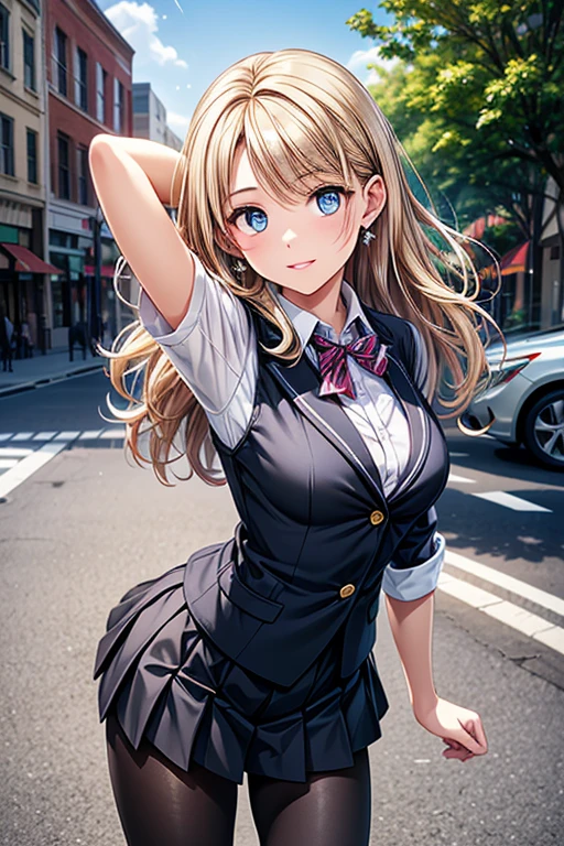 #Basics A girl is posing for a photo, (((One Girl))), (((Baby Face:1.4)) + ((cute:1.4)) + ((15 years old))),
break
#Clothing Accessories
((school uniform)) : ((Blue student blazer:1.2)) + ((Blue student vest)) + White dress shirt + ((Blue pleated skirt)) + ((Sheer black pantyhose:1.4)), (Brown loafers),
(red gem earrings),
break
#Features
((Blonde:1.2)) + ((Bangs that cover one eye + Very long side bangs)) + ((Long Hair : Short Hair + Voluminous Hair + Wavy Hair + Hair curled outside)),
((Droopy eyes:1.4, Big eyes:1.2), blue eyes), (Small breasts:1.2), (Neutral facial features),
break
#background environment
((noon, Sunlit sidewalk in downtown + street tree)),
#Facial Expression Pose
(smile, blush), (Stretch your arms above your head、Standing pose that pulls the body up),
#composition
(Look into the camera), ((Character Focus), (Angle from the front), (Cowboy Shot)),
break
#Body parts elements
(Slim figure),
(Symmetrical facial features),
(Detailed Hair, Beautiful Hair, Shiny Hair),
(double eyelid, Long eyelashes, Thin eyebrows:0.5, Thin eyebrows:0.5),
(Expression of fine eyes, Beautiful and delicate eyes, Sparkling eyes, Eye Reflexes, Glitter Eyeliner),
(Human Ear),
(Beautiful Nose, Thin Nose),
(Glossy Lips, Beautiful Lips, Thick lips),
(Detailed skin, Textured skin, Beautiful Skin, Oily skin),
break
#Quality Image Quality Common
(((Highest quality)), ((masterpiece:1.3)), ((Very detailed))), ((Ultra-high resolution)), ((16K, 1080P)), ((Full HD)),
(Anatomically correct), (Realistic), (3DCG), (Oil painting),
((comics, anime)), (CG illustration), (RAW Photos),