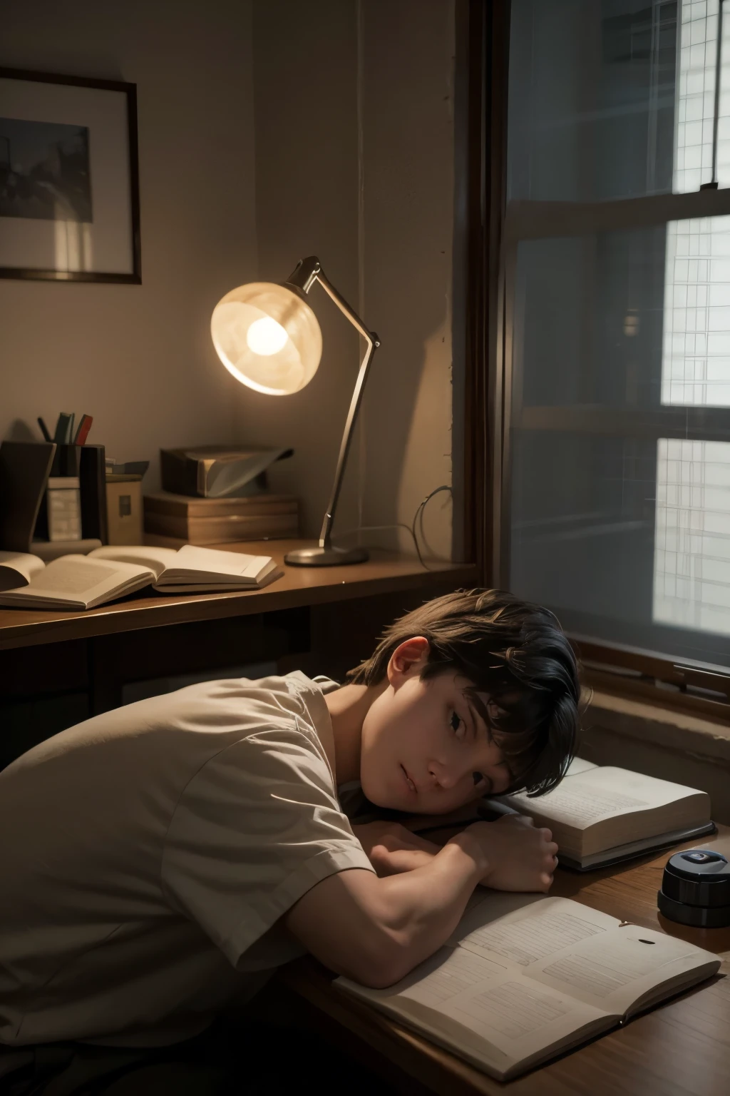 A student spends the night studying in his room, with a soft lamp illuminating their notebooks. Out there, the moon shines, and the lo-fi music plays softly in the background.