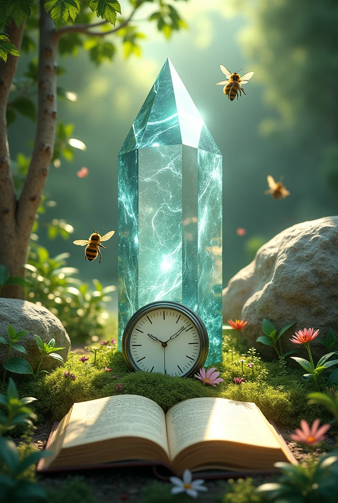 a natural setting, like a garden, where the bee buzzes around, the crystal sparkles, the rock stands firm, the clock keeps time, and the book invites new ideas.