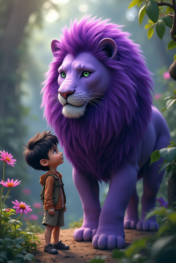 green-eyed, black-haired boy next to a purple lion
