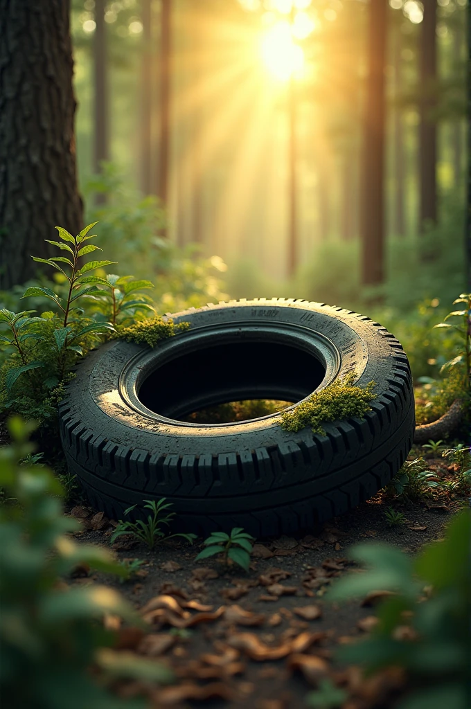 A tire in the forest at sunset