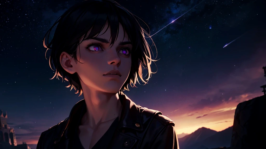 a gothic man with black hair, purple eyes looking up at the starry sky, the stars reflected in his eyes, dark and mysterious, cinematic, dramatic lighting, moody atmosphere, hyper-detailed, 8K, high quality, photorealistic
