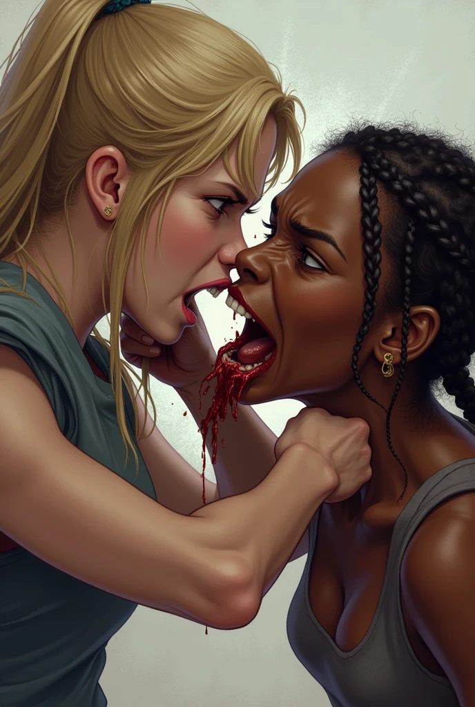blonde very white light skinned girl punching a dark black skinned braid haired girl . the white girls hand should punch the face of black girl and black girls tooth left and splitted blood scare in her eyes. but white girl in angry mood
