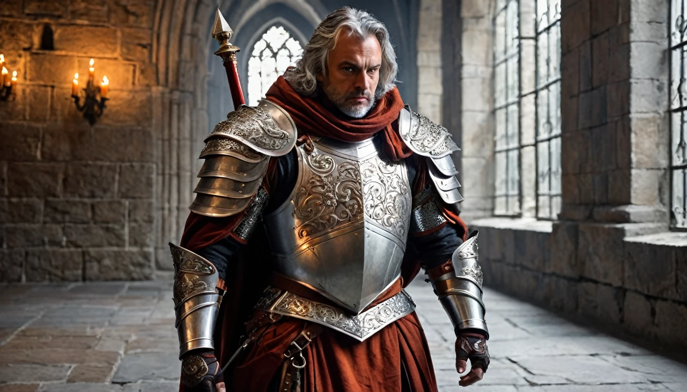 ((masterpiece, The silver armor is intricately decorated and not intended for combat.,Gorgeous filigree armor, Detailed fantasy armor,Has dark orange fur on shoulders)), Inside a stone building, Stone slabs scattered on the floor, A muscular man in armor walking towards the front, dim, Gray Hair, Candles along the walls light up the room., He holds a large, twisted, dark red rapier in his hand., Wearing a dirty cloak, He wears a dirty dark red loincloth under his armor.,There are three small orange gems on the chest., One large white decorated shoulder pad