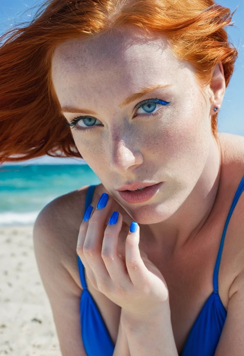 A woman with red hair and blue eyes, sunbathing on the sand, in front of the ocean. Royal blue swimsuit. Piercing gaze. Slim body. Sky blue nail polish on her toenails. Sky blue nail polish on her fingernails. Photography