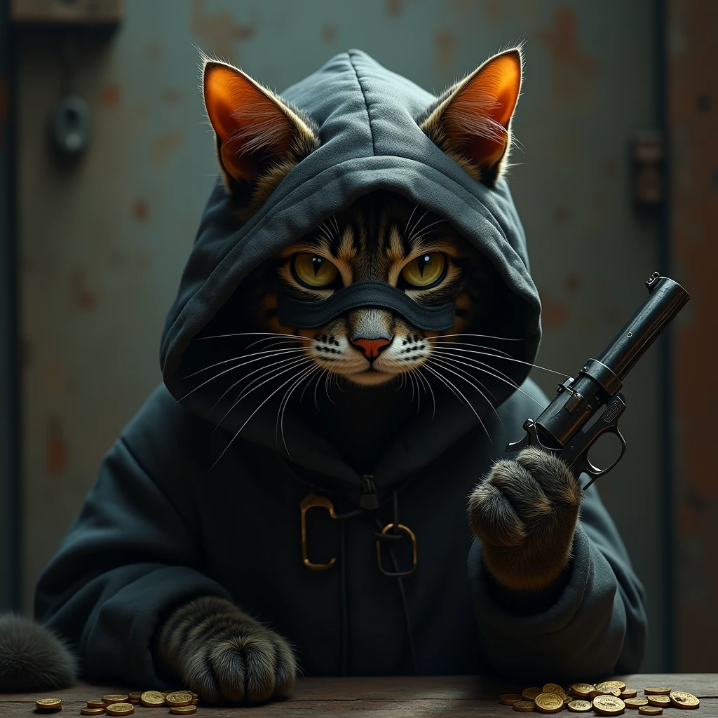 Create a highly realistic image of a cat depicted as a 'dakat' (robber). The cat should be wearing a worn, dark mask with rough edges, covering its face like a traditional bandit. The mask should have cutouts for the eyes and ears, and the cat’s expression should be fierce, determined, and slightly intimidating. The cat should be holding a small weapon, like a tiny dagger or a classic revolver, in one of its paws, adding to the robber persona. The setting should be in a dimly lit, rustic environment, such as an old, abandoned warehouse or a dark alley, with shadows and subtle details like scattered coins, bags of loot, or a broken lock. The atmosphere should be gritty and tense, capturing the essence of a cunning and dangerous outlaw, yet still retaining the surreal and playful nature of a cat in this role