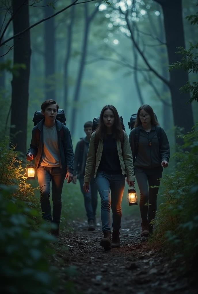 Four adults, with expressions ranging from determination to fear, walking cautiously through a dense, dark forest. They are equipped with backpacks, lanterns and maps, but the surrounding environment is oppressive, with deep shadows between the trees and the distant sound of dry leaves being stepped on. One of them turns around abruptly, as if he had heard something in the bushes, while the other three look around nervously. The tension in the scene is palpable, suggesting that something is about to happen.