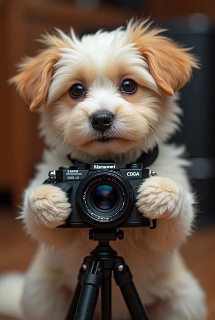 Cute dog,personification,permanent,Holding a camera,tripod,Photographer,Photo Gestures,,Set,tie, (Delicate face), (Fine hairs),(35mm Cinema Lens),(Multi-angle shooting),(many viewing angles)