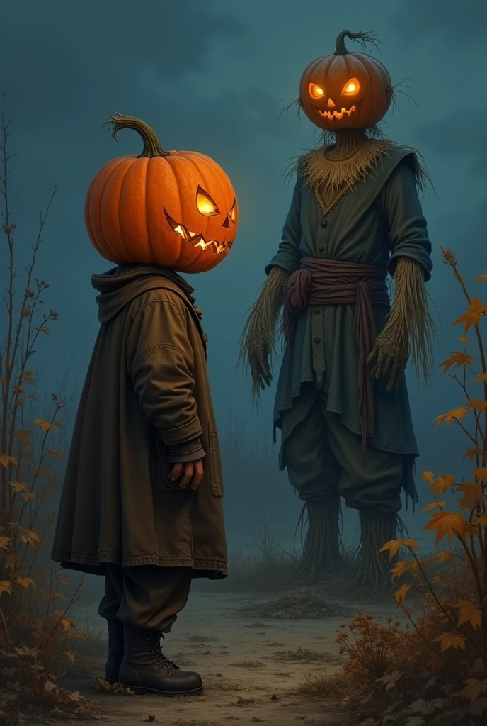 a drawing of an 8  boy who wears simple peasant clothes and a dark brown overcoat, he wears a carved pumpkin on his head as if it were a helmet, in the background a hanging scarecrow who wears old clothes and has a pumpkin head, they are on a plantation at night, cinematic drawing with lots of details