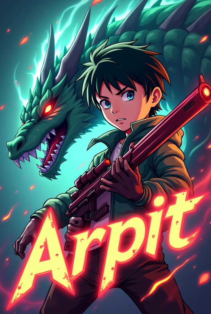 Make a gaming logo with the name of arpit behind name a anime boy who has a dragon on his side and arpit hold scarl gun and arpit wear acosmic green suit