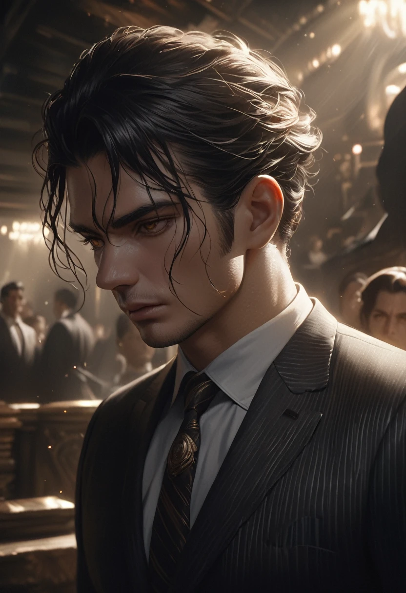 a man with long black hair, golden eyes, wearing a suit and suit coat, fantasy style, detailed face and eyes, dramatic lighting, cinematic composition, realistic, photorealistic, ultra-detailed, 8k, best quality, masterpiece, elegant, mysterious, moody