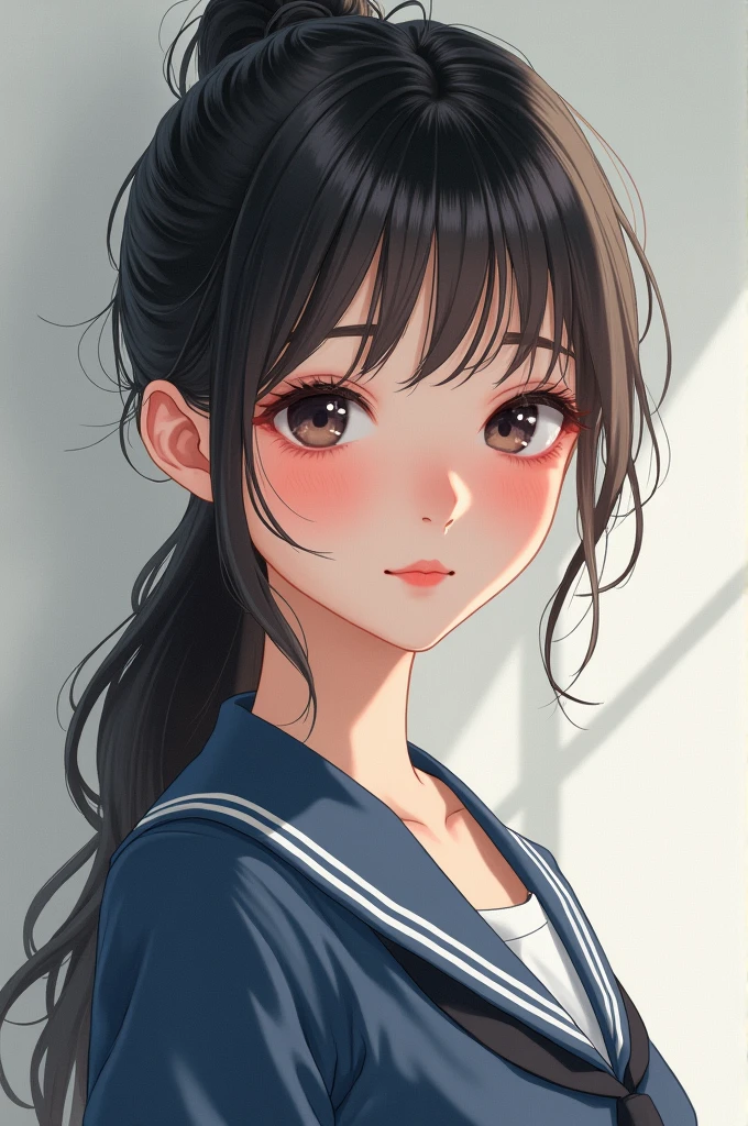 Pretty girl, asian, slim and small, big sparking eyes, smile, white skin, thin bang, black hair, messy pony tail, school unifrom