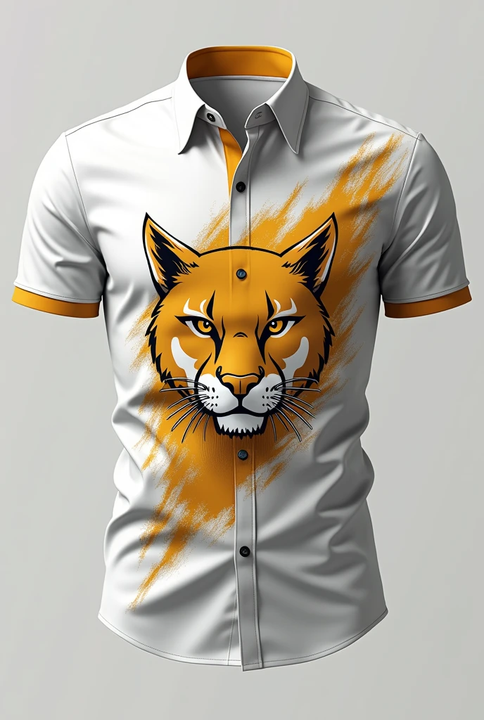 a shirt for school interclass, with the colors white and gold and with the animal puma