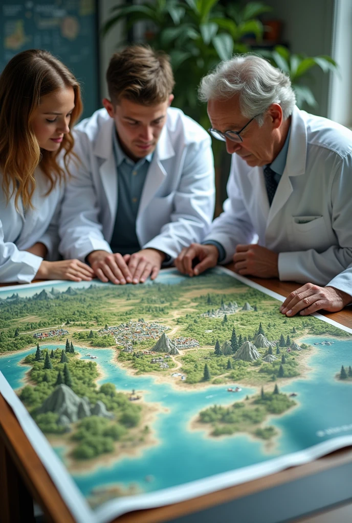 On a table a. Group of 4 scientists two young and one old and a woman with loose hair looking at a large illustrated map with landscapes like,mountains, city and forests and lots of vegetation . With a background as if they were in a laboratory