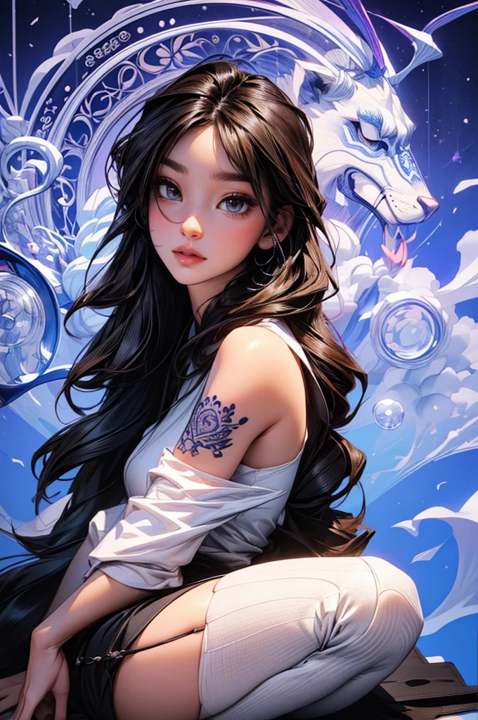 A beautiful woman with mesmerizing mandala tattoo on her back, long flowing dark hair, wearing sleeveless white top, 3D anime style render, intricate colorful mandala patterns with traditional and modern designs, deep purple and blue background, 3D effect, (best quality,4k,8k,highres,masterpiece:1.2),ultra-detailed,(realistic,photorealistic,photo-realistic:1.37),extremely detailed eyes and face,longeyelashes,stunning,vivid colors,physically-based rendering,professional,concept art