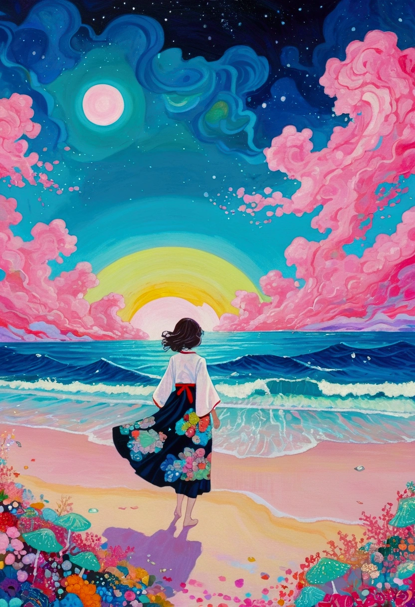 Painting of a person walking on the beach at night, Juster Battle, Magical Beach, Overlooking the pink ocean, author：Naomi Okubo, Dream painting, inspired author：Naomi Okubo, dreamy painting of coronavirus, Detailed Dreams, Fantasy psychedelic anime, Magical Ocean, Fantasy Art, Pastel style, Steamwave surreal ocean