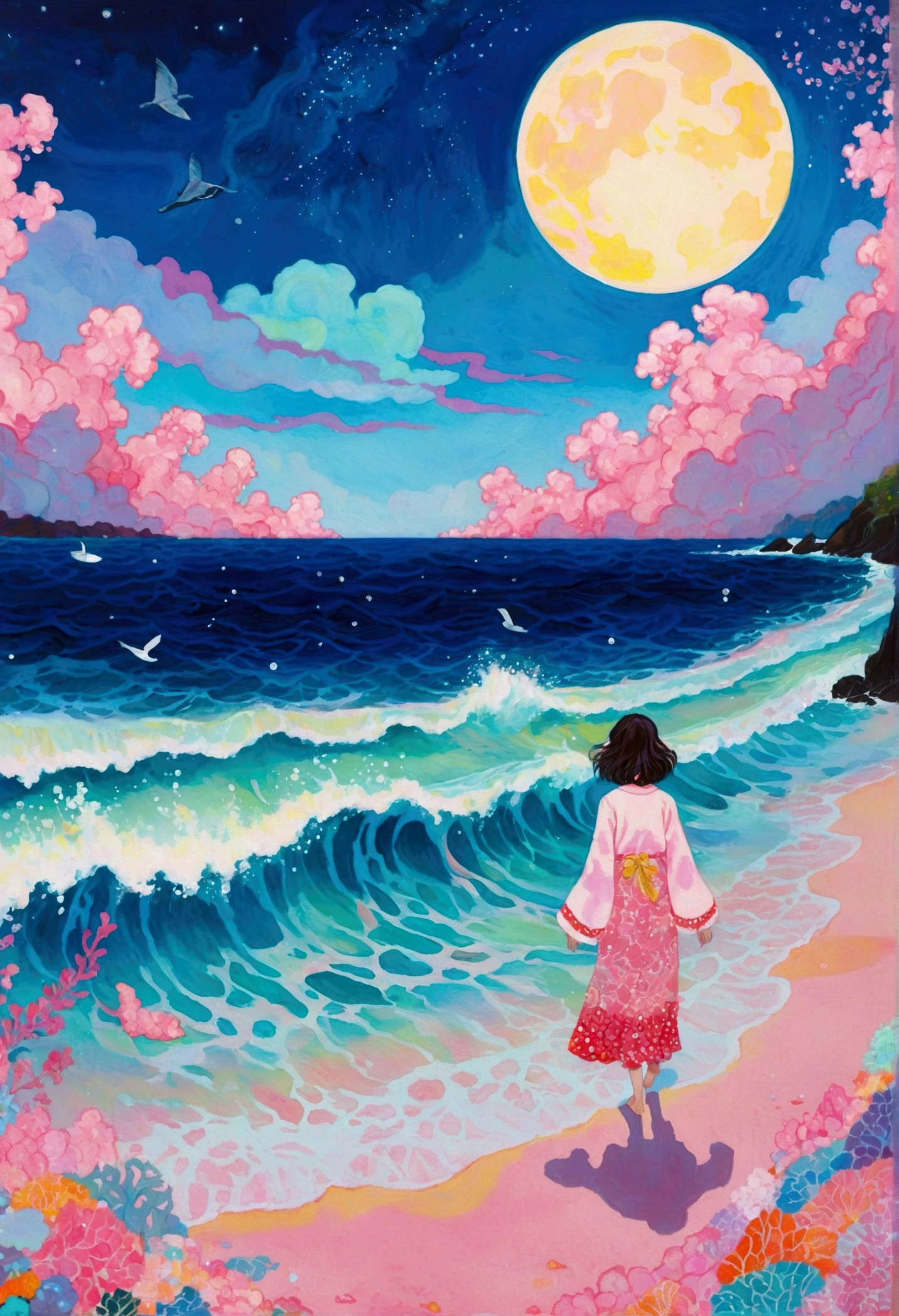Painting of a person walking on the beach at night, Detailed artwork by Naomi Okubo, tumblr, Magical Realism, Juster Battle, Magical Beach, Overlooking the pink ocean, Dream painting, dreamy painting of coronavirus, Detailed Dreams, Fantasy psychedelic anime, Magical Ocean, Fantasy Art, Pastel style, Steamwave surreal ocean