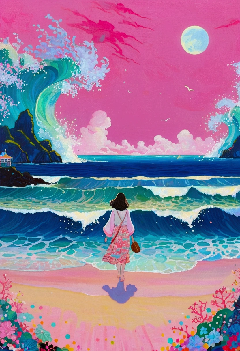 Painting of a person walking on the beach at night, Detailed artwork by Naomi Okubo, tumblr, Magical Realism, Juster Battle, Magical Beach, Overlooking the pink ocean, Dream painting, dreamy painting of coronavirus, Detailed Dreams, Fantasy psychedelic anime, Magical Ocean, Fantasy Art, Pastel style, Steamwave surreal ocean