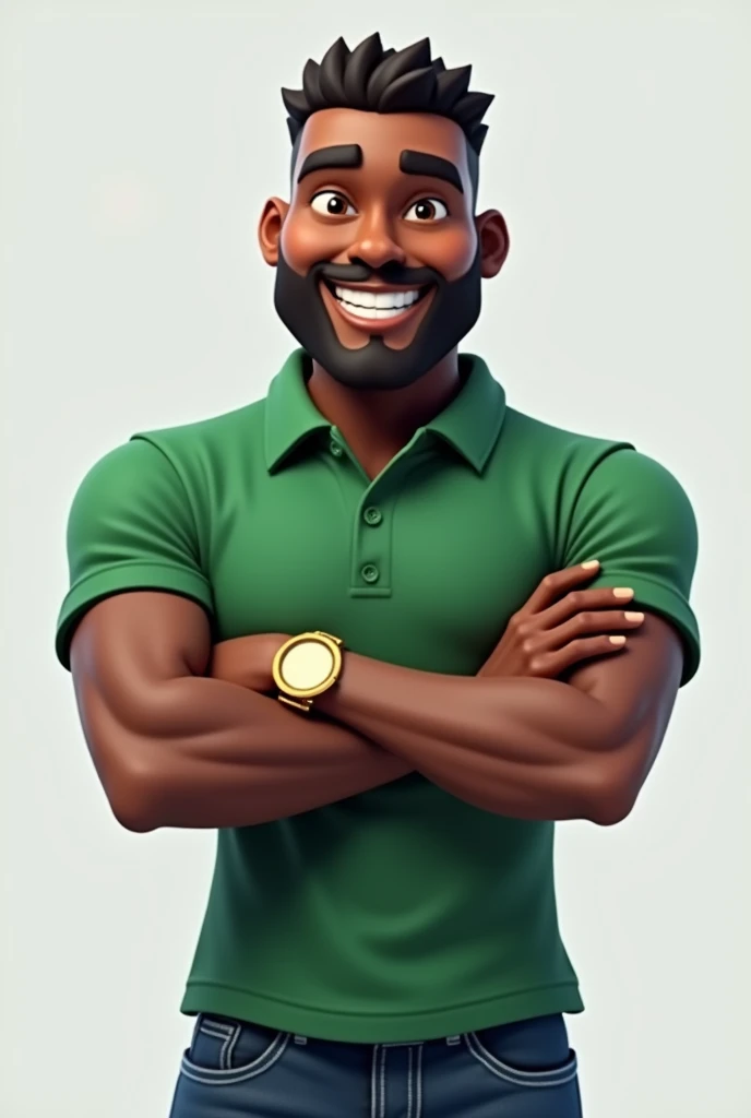 Create 3D pixilated image of a man with a green polo shirt, jeans, gold watch, arms crossed, smiling, round face with big cheeks, short gradient hair, with a short beard, dark skin, flat nose 