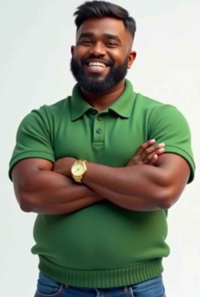 Create 3D pixilated image of a man with a green polo shirt, jeans, gold watch, arms crossed, smiling, round face with big cheeks, short gradient hair, with a short beard, dark skin, flat nose 