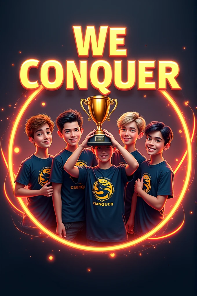 "Gaming logo photo". In the circle four adult boys are showing pro trophy in passport size photo. Four adult boys are wearing dragon tshirt. Four adult boys have different hair colour and different hair style. In the background "WE CONQUER".