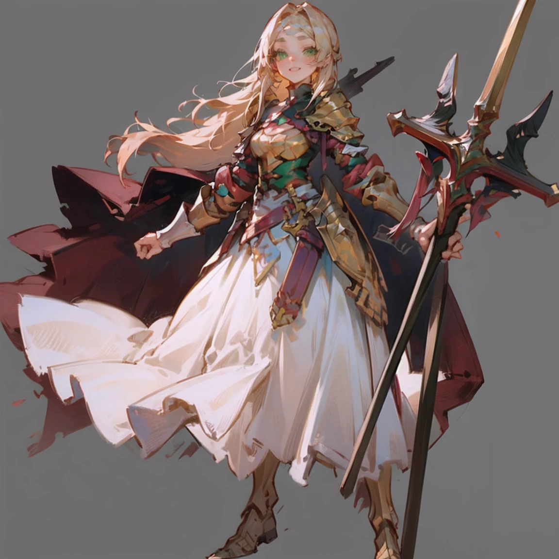 hands on sides, (masterpiece), ultra-detailed, 1girl, detailed eyes, medium breasts, gray background, (full body), green eyes, gray background, full plate armor, confident smile, staring at the viewer, blond hair in a ponytail, standing with a square spike shield