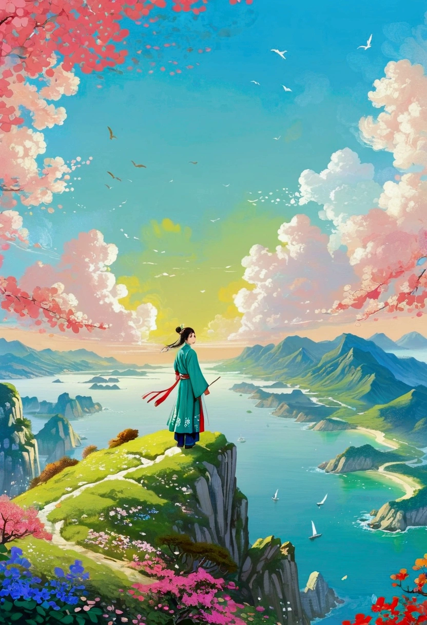 There is a painting,A person standing on a mountain overlooking the sea, A beautiful artistic illustration, Amazing wallpapers, HD Wallpapers, author Choi Buk, 4k hd illustration wallpaper, Beautiful wallpapers, Desktop Wallpapers, author Sim Sa-jeong, author:Yi Yinwen, Beautiful digital illustrations, Fantasy illustrations, Written by Jin Mingguo, Color illustrations