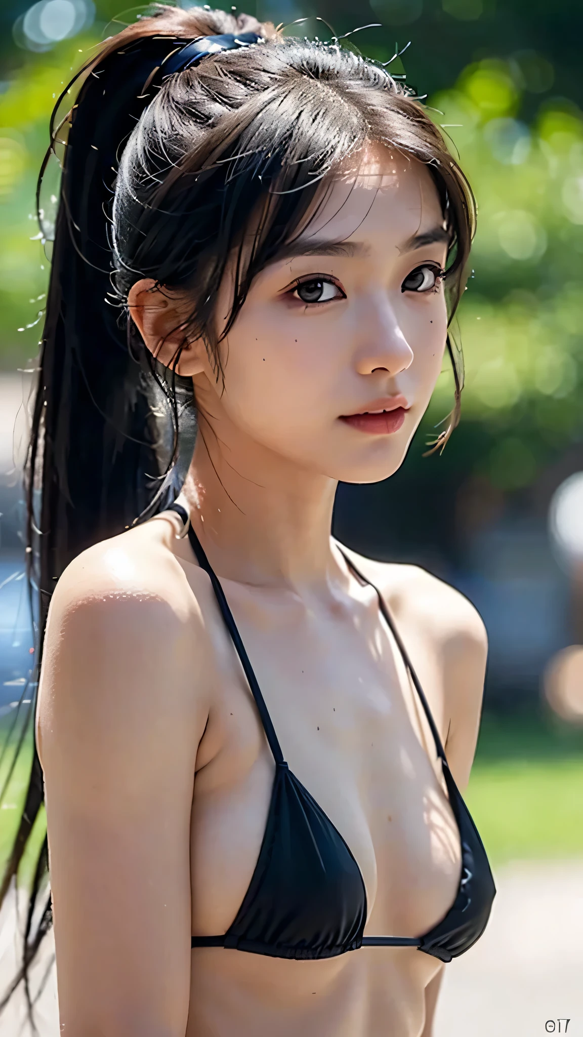 Bust Shot,micro bikini,outdoor,beach,Body in front,masutepiece, The highest image quality, High quality, the background is clear,Beautiful woman, Japanese, Detailed, Ultra-detailed, finely detail, hight resolution, 8K Wallpaper, Perfect dynamic composition, Beautiful detailed eyes ,Detailed eyes, Detailed skin, Beautiful skin, 超hight resolution, (reality: 1.4),Very beautiful woman, Slightly younger face, Beautiful skin, slender, (Ultra photo realsisim), (hight resolution), (8K), (Very detailed) (beautifully detailed eyes), (super detailed), (Detailed face), view the viewer, Fine details, Detailed face, Staring straight ahead, Staring straight ahead, photos realistic, Bright lighting, Professional Lighting, Black hair,poneyTail,a baby face,sixteen years old,Hairstyle: ponytail,Long ponytail hairstyle,slight smile,