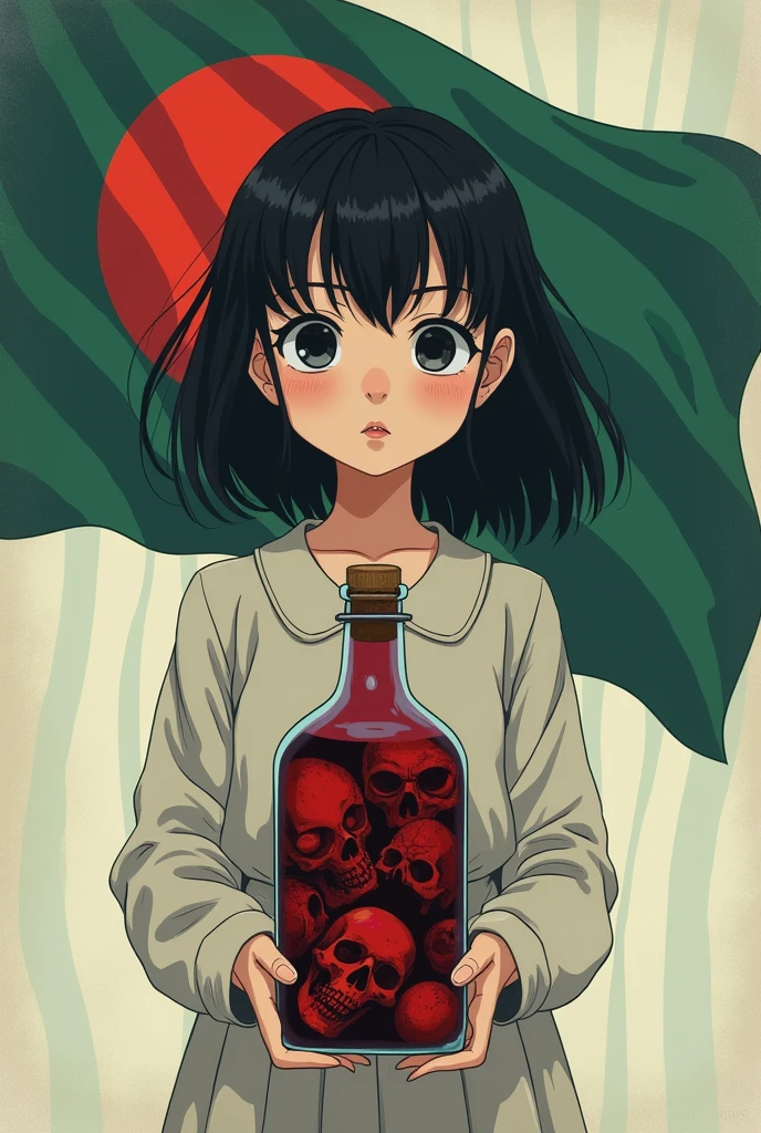 A anime girl have a bottle of red blood filled with skeletons dead body. There is a anime background . The national flag of Bangladesh is flowing behind the bottle.