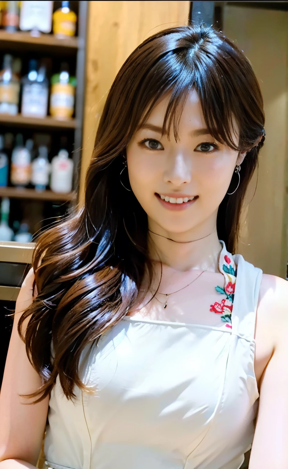 (((完璧な解剖学に基づいた四肢の詳細な描写による余分な腕の無いPerfect hands足とbody))),4K shooting captures the essence of movement,(Glossy white skin:1.5),Realistic and photo-realistic photos,(masterpiece:1.5),Concept Art,Intricate details,Highly detailed and realistic,Octane Rendering,4Kリアルエンジン,A pose that makes you fall in love with her, tilting her head, shrugging her shoulders and smiling., Highest quality,High resolution,(Realistic Face:1.1),(Elegant Manners:1.1), ((full_body)),Expressing the beauty that emanates from the whole body,Slim and muscular body,(Glowing Skin:1.2),(((A one-leg, body-conscious, gorgeously embroidered long Chinese dress))),(((Perfect hands))),(Highly detailed background),((A relaxed, adult atmosphere)),((A seductive hostess stands at the counter of a long-established bar, serving customers, her hands on the counter and staring intently at the customers.)),4K shot of hips up from the side while standing,(((The interior of the restaurant is very dim and has a mature atmosphere.))),A small downlight softly illuminates only the counter.,((Amazing beauty condensed into one woman)),((Beautiful eyes full of light,High quality eyes,High quality face)),(((god々しいギリシャgod話に出てきそうなサテン生地の黒単色の艶やかなピタピタカクテルワンピースドレス))),(Necklaces and earrings go well with bangles and stiletto heels.),(((There are many expensive looking bottles of alcohol lined up on the high shelves behind the bartender.))),(Delicious looking water split),Her sexy, straight, long chestnut hair sways with her movements.,((Dramatic beauty)),Beautiful bokeh with deep depth of field,4K,Gothic,4K Digital SLR Camera,Fujifilm XT3 Style,(Her coke bottle body with her slim waist and big hips is sure to catch your eye.),(Delicate eyes and face),Professional perspective,Amazing details,Beauty condensed into one girl,繊細でHigh noseを持つ美しい顔,High nose,Clear sky-blue eyes that praise the light, Glossy Red Lips,light makeup,(((Capture the moment when you put on a cardigan))),