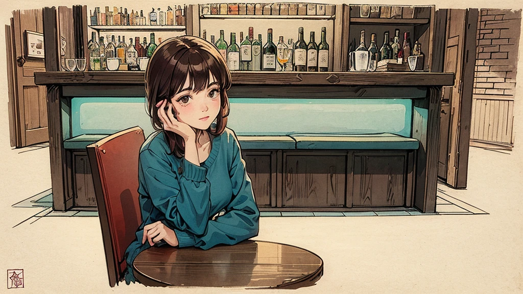 Illustration drawn in 80's cartoon style. It depicts one young woman with short dark red hair. The scene is a bar with an adult atmosphere. The woman exudes a cool and somewhat nostalgic atmosphere. She has a relaxed expression on her face and is sitting on a chair, holding a glass. The background is painted in soft, soothing tones, further emphasizing the chill, contemplative atmosphere.