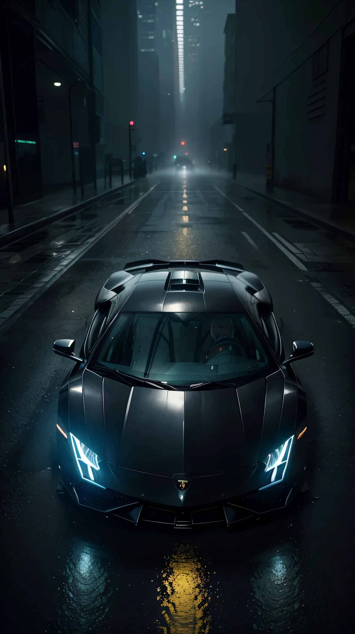 A black Lamborghini Gallardo soaking wet from the rain in a rainy and foggy cyberpunk city,(ultrarrealistic)