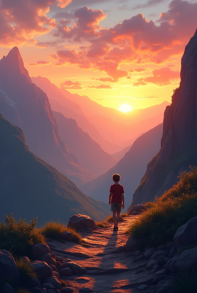 Text over a background of the sunrise, with the boy walking down the mountain in the distance.