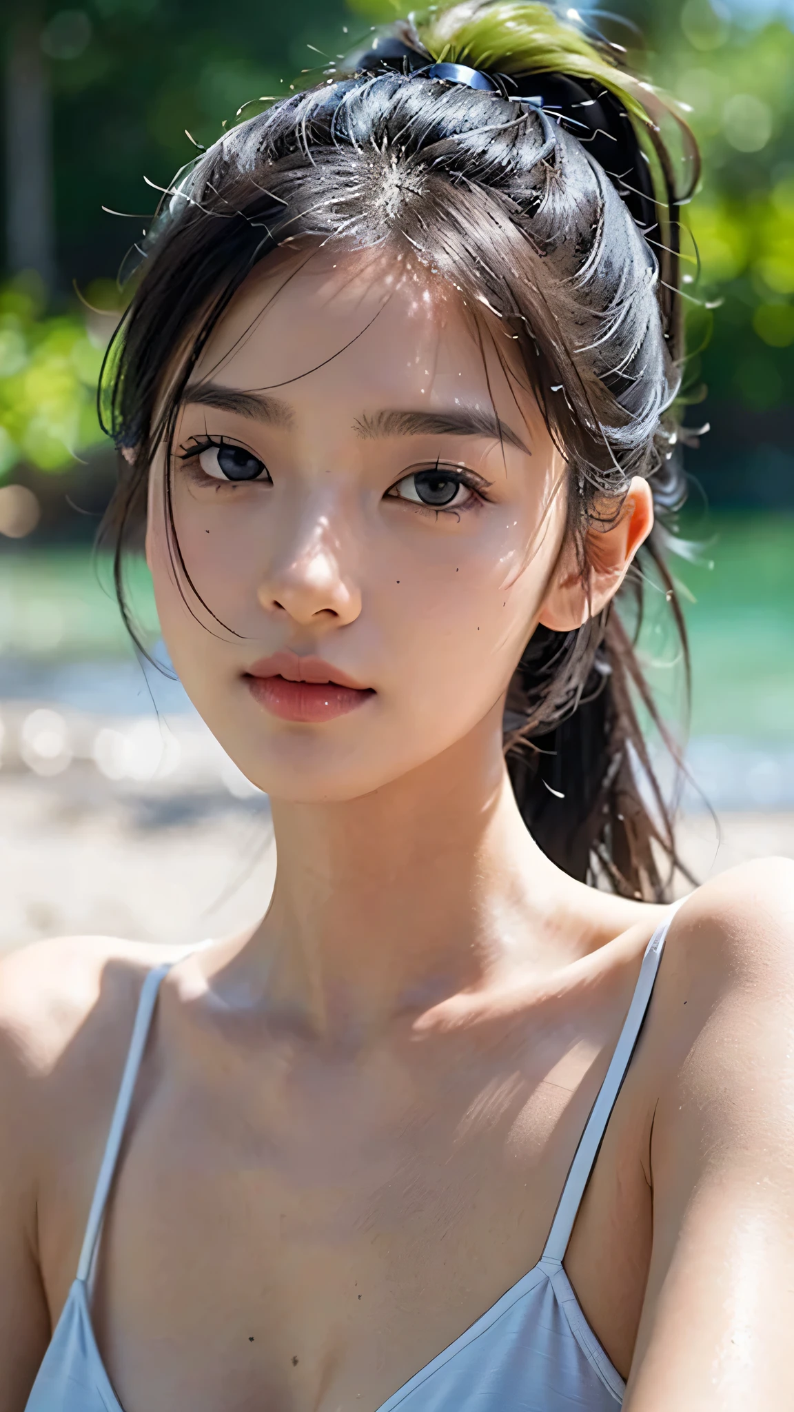 Bust Shot,micro bikini,outdoor,beach,Body in front,masutepiece, The highest image quality, High quality, the background is clear,Beautiful woman, Japanese, Detailed, Ultra-detailed, finely detail, hight resolution, 8K Wallpaper, Perfect dynamic composition, Beautiful detailed eyes ,Detailed eyes, Detailed skin, Beautiful skin, 超hight resolution, (reality: 1.4),Very beautiful woman, Slightly younger face, Beautiful skin, slender, (Ultra photo realsisim), (hight resolution), (8K), (Very detailed) (beautifully detailed eyes), (super detailed),   (Detailed face), view the viewer, Fine details, Detailed face, Staring straight ahead, Staring straight ahead, photos realistic, Bright lighting, Professional Lighting, Black hair,poneyTail,a baby face,sixteen years old,Hairstyle: ponytail,Long ponytail hairstyle,slight smile,