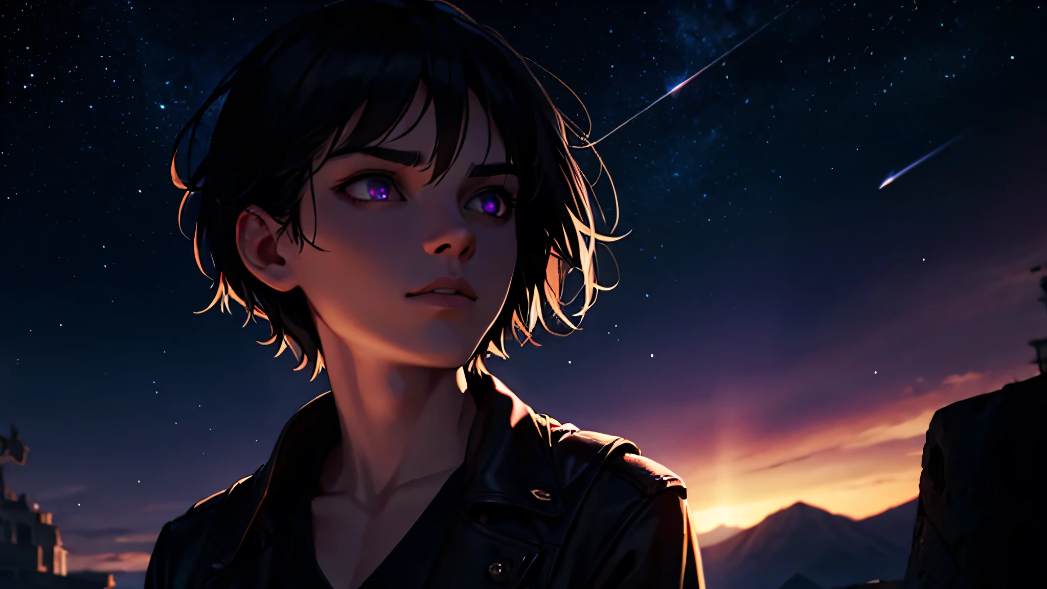a gothic man with black hair, purple eyes looking up at the starry sky, the stars reflected in his eyes, dark and mysterious, cinematic, dramatic lighting, moody atmosphere, hyper-detailed, 8K, high quality, photorealistic