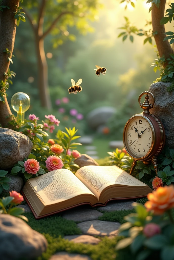 a natural setting, like a garden, where the bee buzzes around, the crystal sparkles, the rock stands firm, the clock keeps time, and the book invites new ideas.