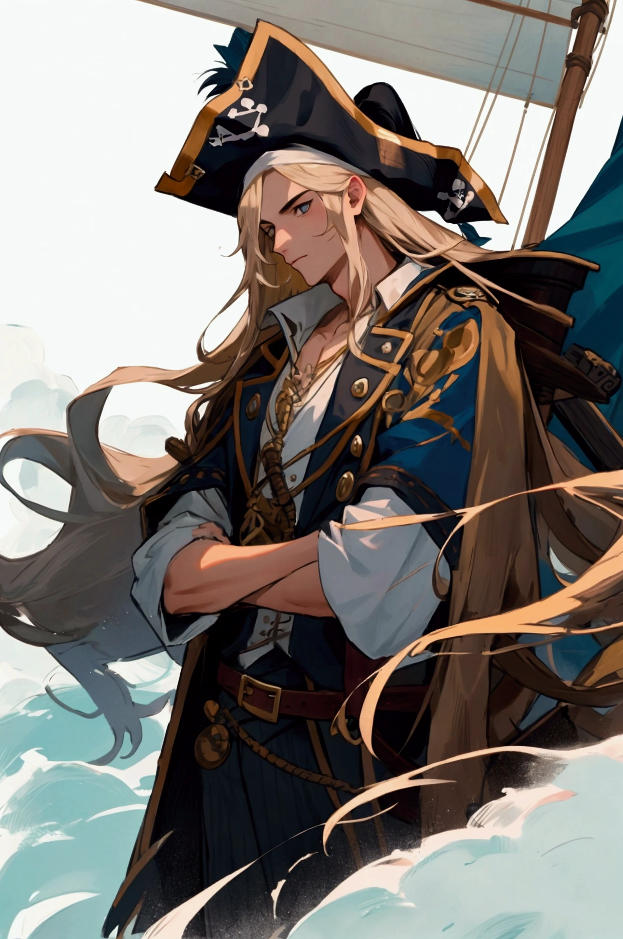 masterpiece, absurdres, best quality ,intricate details , (shiny skin, shiny body, shiny oily luster skin, shiny hair, pale skintone), pirate ship , Sundown , ((1man)), attractive, ((muscular)), adult, one eye patch, tattoo ,white blouse, earrings, brown pants, Parrot on the shoulder , Don't look at the view , Not looking at the view, blonde very long hair