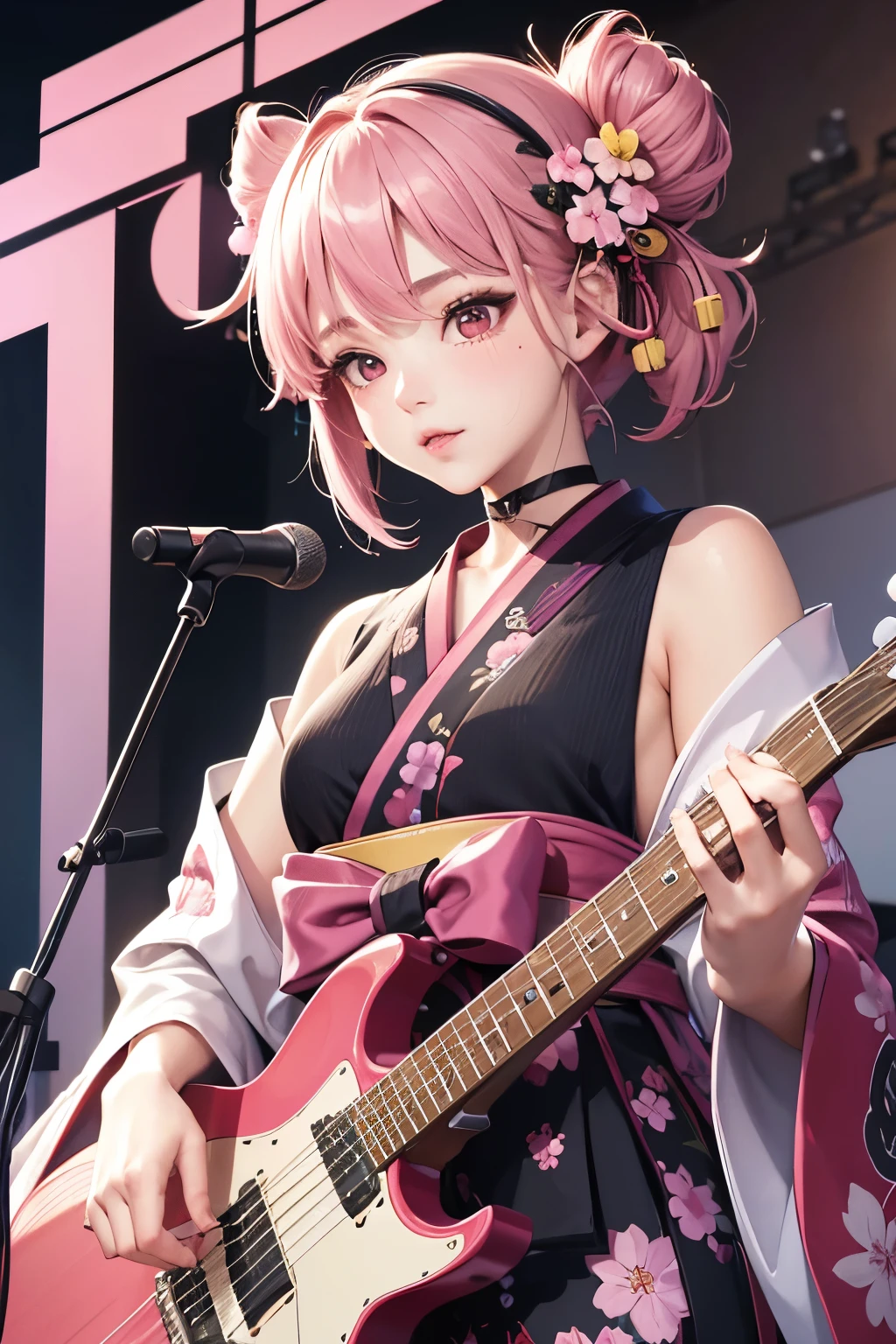 masterpiece, best quality, very detailed, high resolution, expensive resolution, high resolution, 4K, 8k, Unity 8k wallpaper, highly detailed CG, masterpiece, 2D, 3D, beautiful details, depth, fine texture, best quality: 1.3, perfect focus, crispy skin, he,
Very cute anime girl, girl playing guitar vocals in a band wearing a Japanese fancy floral haori hakama, on outdoor stage, full body, expensive pink and black short twin tail hair, mole under eye, looking at the viewer, expensive, blush, mole, lips open, , heart choker, pink eyes, guitar vocals, stage