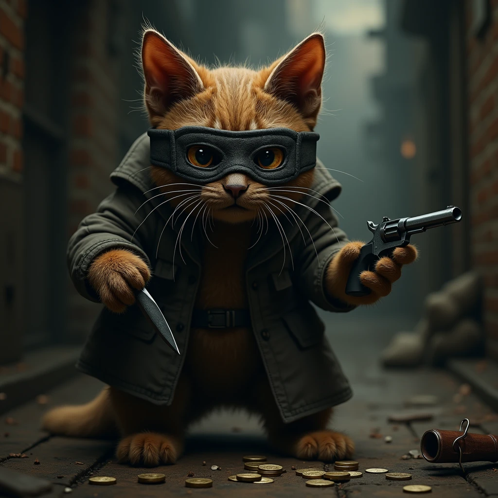 Create a highly realistic image of a cat depicted as a 'dakat' (robber). The cat should be wearing a worn, dark mask with rough edges, covering its face like a traditional bandit. The mask should have cutouts for the eyes and ears, and the cat’s expression should be fierce, determined, and slightly intimidating. The cat should be holding a small weapon, like a tiny dagger or a classic revolver, in one of its paws, adding to the robber persona. The setting should be in a dimly lit, rustic environment, such as an old, abandoned warehouse or a dark alley, with shadows and subtle details like scattered coins, bags of loot, or a broken lock. The atmosphere should be gritty and tense, capturing the essence of a cunning and dangerous outlaw, yet still retaining the surreal and playful nature of a cat in this role