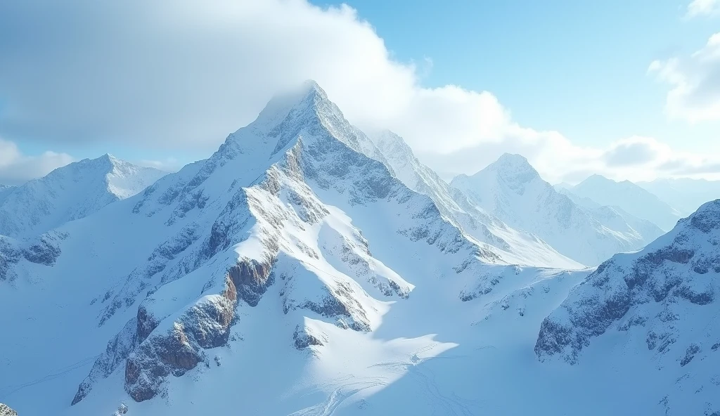 Drone footage of stunning snow-capped mountain tops，Heavy snowfall，HD，Blue sky