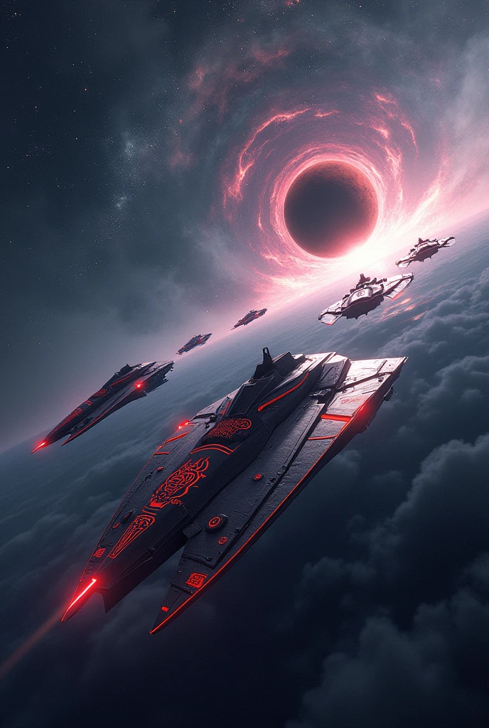 Indonesian logo scape ship red, galaxi background, a whole fleet, to the unknown, near black hole, 4k