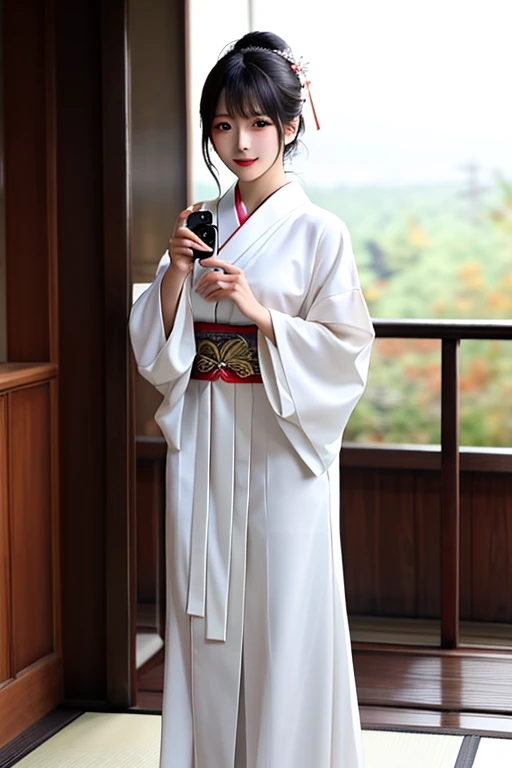 An elegantly dressed Japanese woman in natural light、Please take a picture of the whole body。Clothes are wet with water。