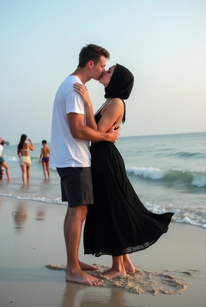 black skirt, with black headscarf, white t-shirt, Barefoot woman kissing man on the beach, other people are watching them