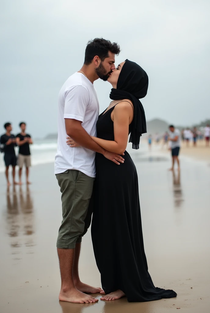 black skirt, with black headscarf, white t-shirt, Barefoot woman kissing man on the beach, other people are watching them
