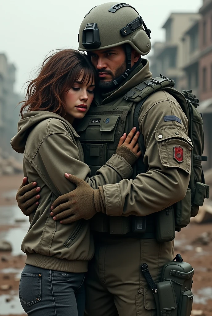 a soldier holding a rescued hostage after a successful mission. The soldier, wearing a tactical uniform and gear, should have a protective and relieved expression. The hostage, looking grateful and a bit shaken, should be close to the soldier, perhaps being shielded or guided by them. The background should depict the aftermath of a rescue, with debris or a war-torn environment, emphasizing the intensity of the situation