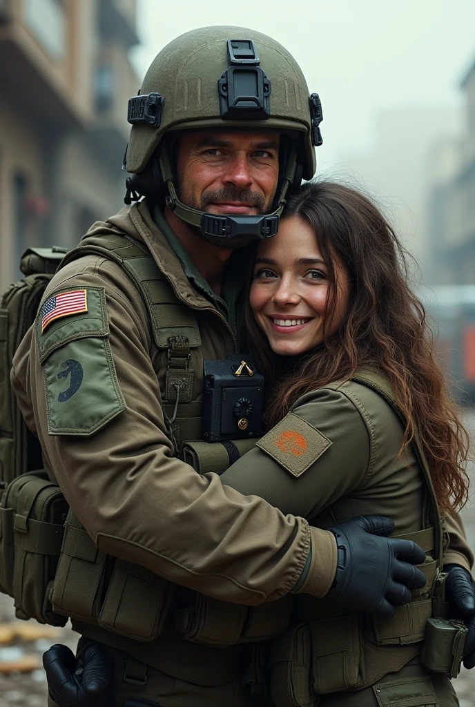 a soldier holding a rescued hostage after a successful mission. The soldier, wearing a tactical uniform and gear, should have a protective and relieved expression. The hostage, looking grateful and a bit shaken, should be close to the soldier, perhaps being shielded or guided by them. The background should depict the aftermath of a rescue, with debris or a war-torn environment, emphasizing the intensity of the situation