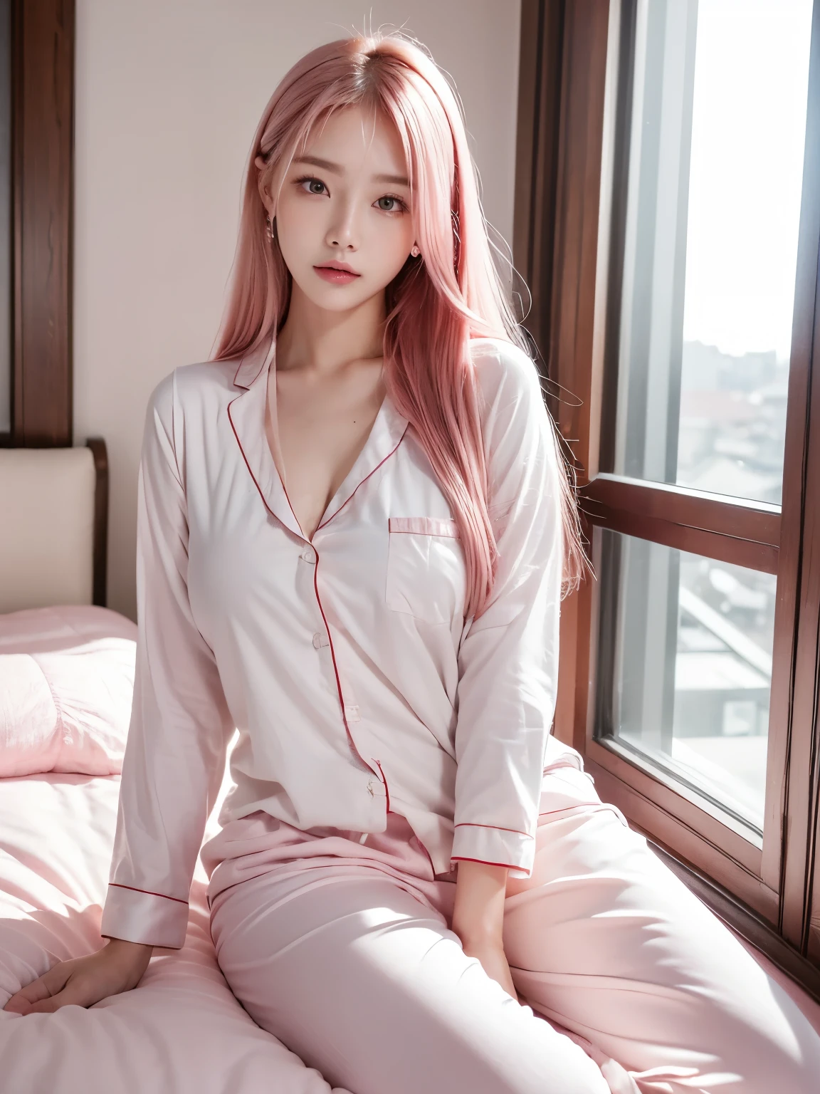 Kigurumi Costume Pajamas、Sexy Big 、A cute 15-year-old girl with a sexy and cute look, beautiful and sexy face、A strong wind blows my hair in front of my face、With straight blonde hair、beautiful, Cute and sexy eyes hidden behind long bangs、Costume pajamas