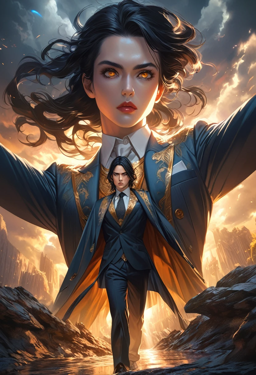 a man with long black hair, golden eyes, wearing a suit and suit coat, fantasy style, anime, 1man, detailed face, detailed eyes, detailed lips, highly detailed, 8k, hyperrealistic, photorealistic, digital painting, vibrant colors, dramatic lighting, cinematic composition, moody atmosphere, epic scale, dramatic poses