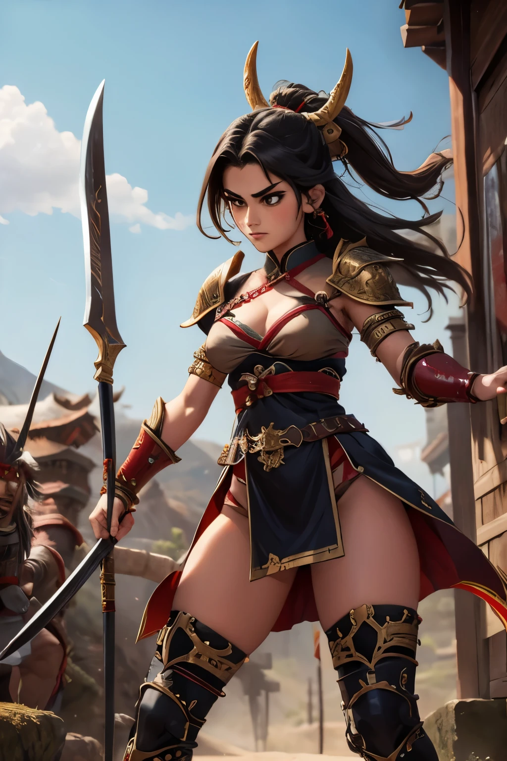 (best quality), detailed background, oriental nobless,warrior girl,combat arts,holding halberd,oni, monster army
